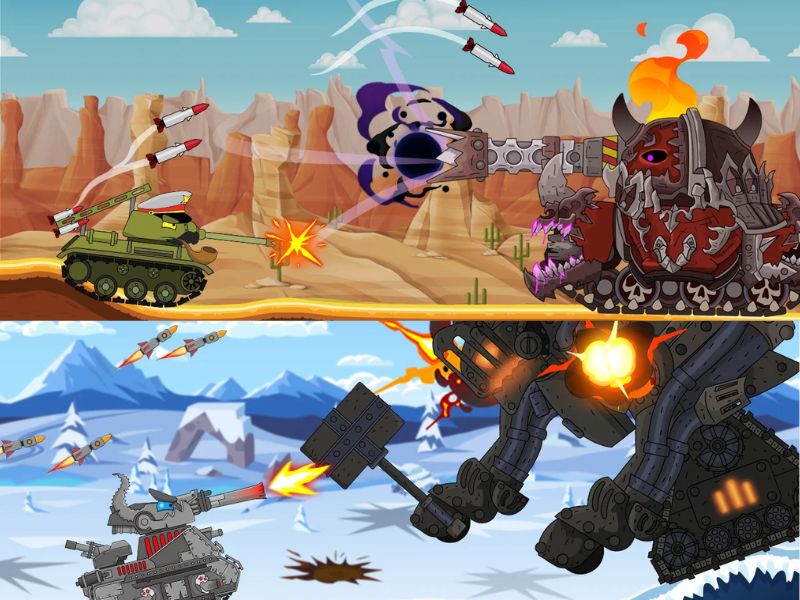 Tải Hack Tank Combat Mod APK (Full Tiền, Kim Cương) v4.1.16 2 Chiến Đấu Ở Trên Địa Hình Khác Nhau Trong Tank Combat