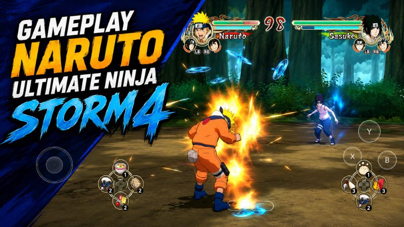 Màn hình giao chiến 3D giữa hai ninja, hiển thị thanh máu, chakra và nút điều khiển.