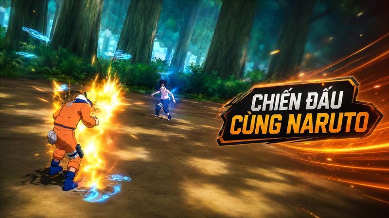 Một đội hình ba ninja đang đổi nhân vật giữa trận, có hiệu ứng hỗ trợ và cảnh nền làng Lá.