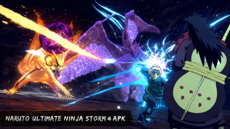 Naruto và Sasuke đối đầu trên chiến trường rộng, hiệu ứng chakra nổi bật, góc máy thể hiện quy mô trận chiến.